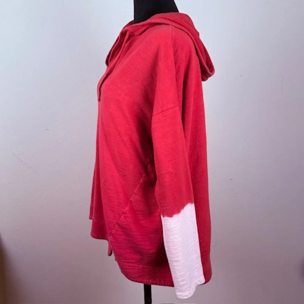 J Jill Hoodie Womens Medium Red Pink Dip Dye Slub Cotton Pullover Top Relaxed